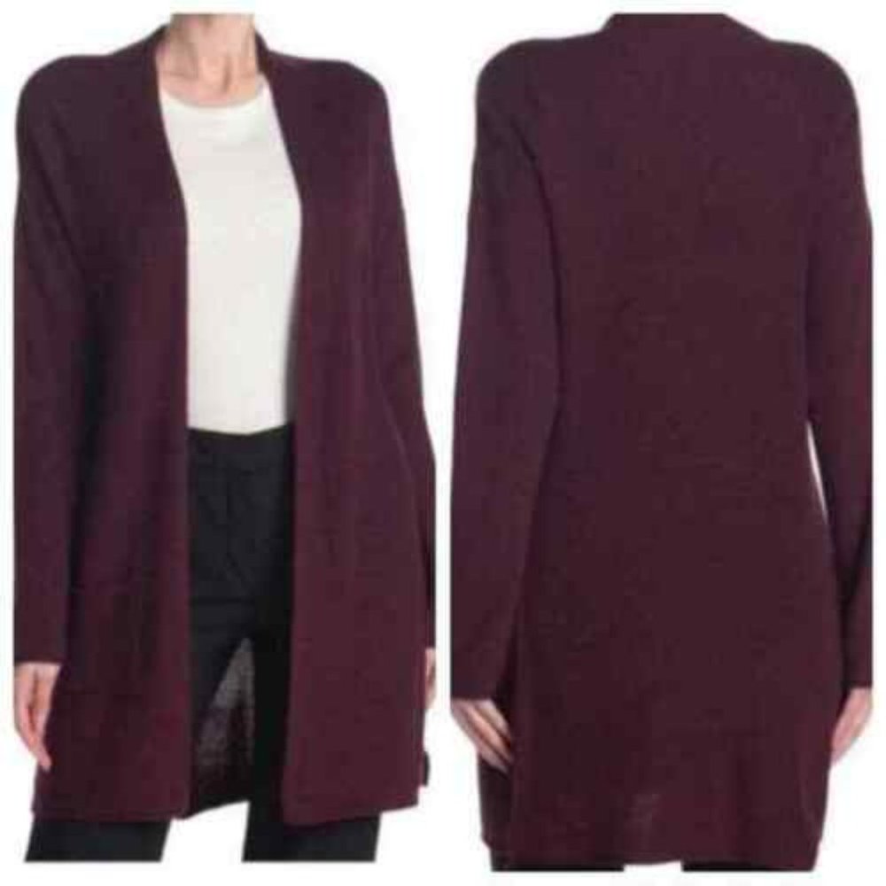 T Tahari Cashmere Blend Cardigan Open Front Long Patch Pocket Coat Burgundy XXS